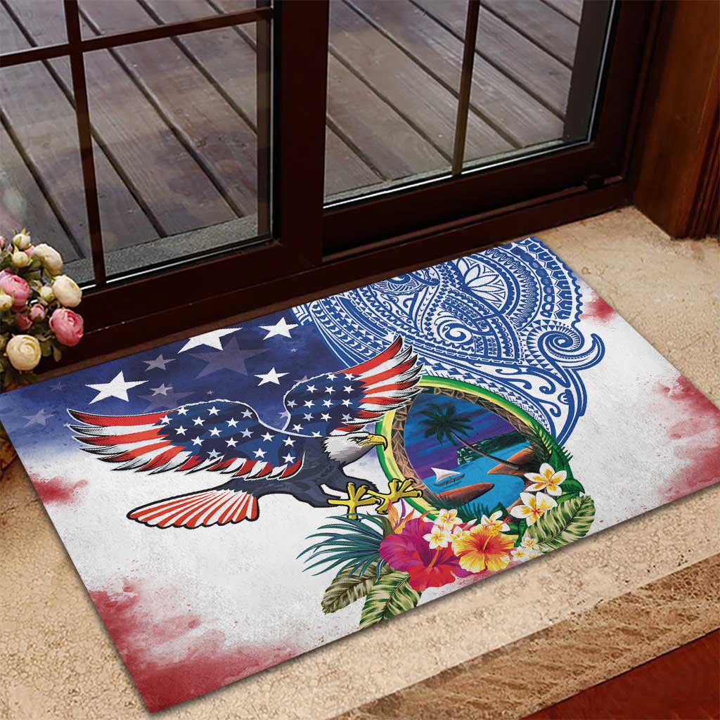 Guam and United States Together Rubber Doormat Bald Eagle and Guam Seal with Flower and Tribal Tattoos - Polynesian Pride