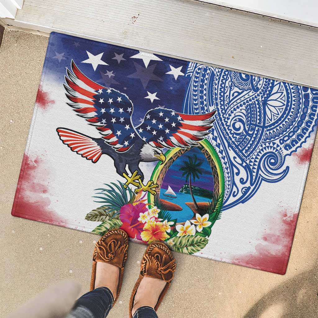 Guam and United States Together Rubber Doormat Bald Eagle and Guam Seal with Flower and Tribal Tattoos - Polynesian Pride