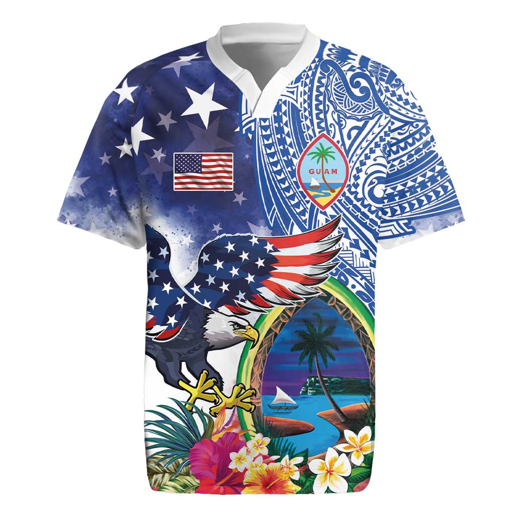 Guam and United States Together Rugby Jersey Bald Eagle and Guam Seal with Flower and Tribal Tattoos - Polynesian Pride