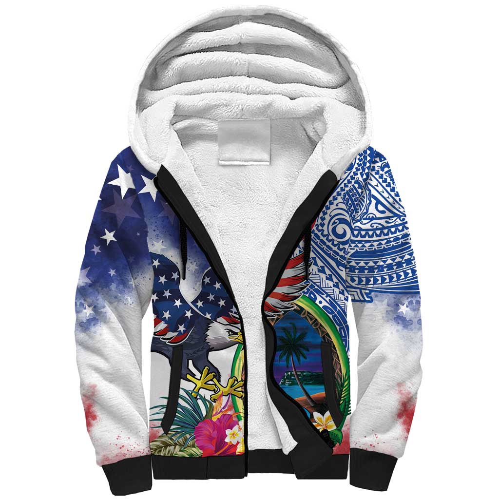 Guam and United States Together Sherpa Hoodie Bald Eagle and Guam Seal with Flower and Tribal Tattoos - Polynesian Pride