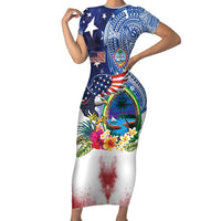 Guam and United States Together Short Sleeve Bodycon Dress Bald Eagle and Guam Seal with Flower and Tribal Tattoos - Polynesian Pride