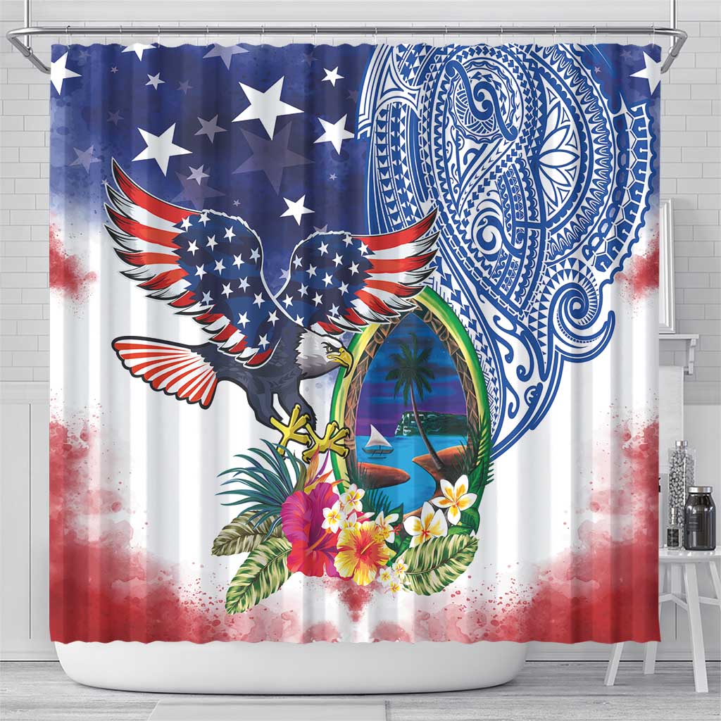 Guam and United States Together Shower Curtain Bald Eagle and Guam Seal with Flower and Tribal Tattoos - Polynesian Pride