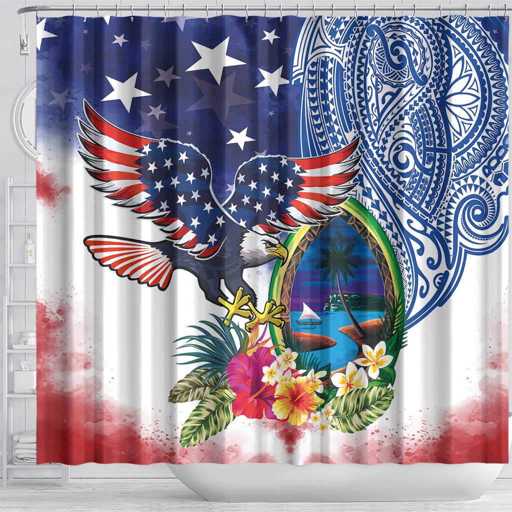 Guam and United States Together Shower Curtain Bald Eagle and Guam Seal with Flower and Tribal Tattoos - Polynesian Pride