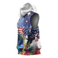 Guam and United States Together Sleeveless Hoodie Bald Eagle and Guam Seal with Flower and Tribal Tattoos - Polynesian Pride