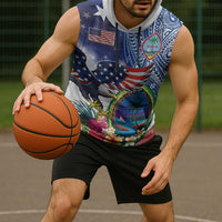 Guam and United States Together Sleeveless Hoodie Bald Eagle and Guam Seal with Flower and Tribal Tattoos - Polynesian Pride