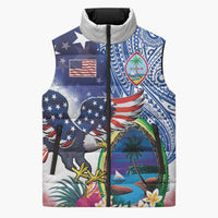 Guam and United States Together Sleeveless Puffer Jacket Bald Eagle and Guam Seal with Flower and Tribal Tattoos - Polynesian Pride
