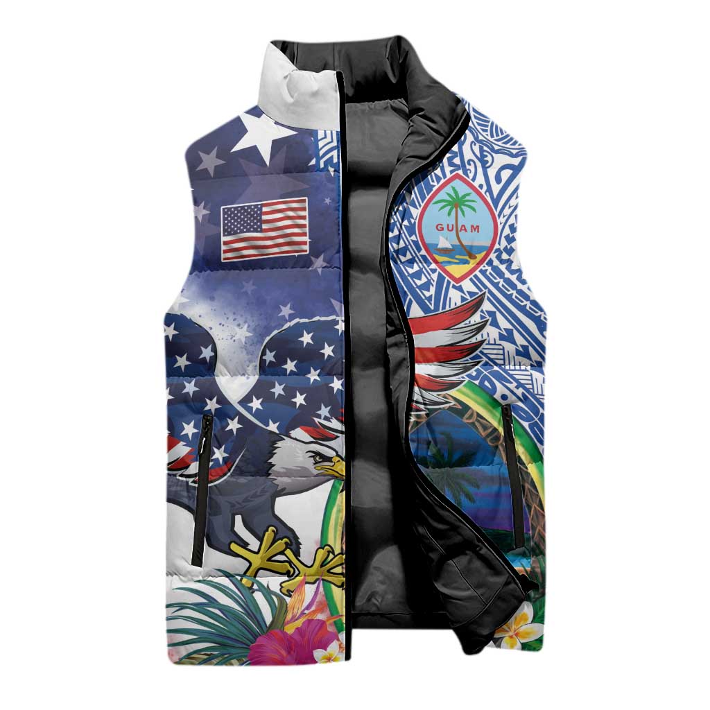 Guam and United States Together Sleeveless Puffer Jacket Bald Eagle and Guam Seal with Flower and Tribal Tattoos - Polynesian Pride