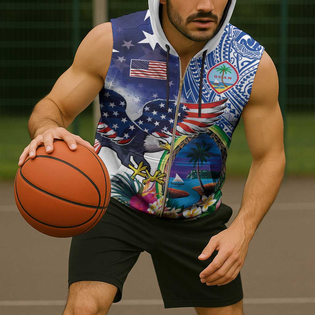 Guam and United States Together Sleeveless Zip Hoodie Bald Eagle and Guam Seal with Flower and Tribal Tattoos - Polynesian Pride