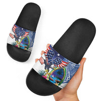 Guam and United States Together Slide Sandals Bald Eagle and Guam Seal with Flower and Tribal Tattoos - Polynesian Pride