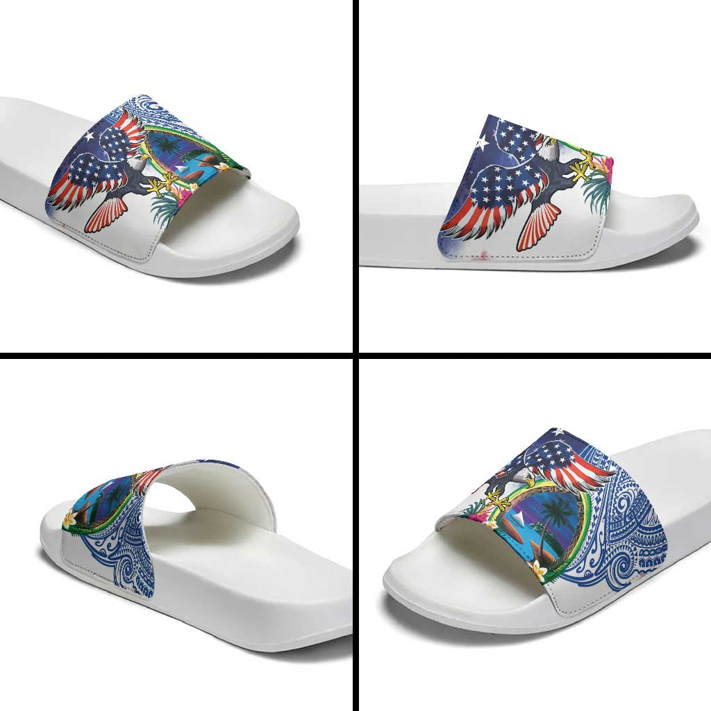 Guam and United States Together Slide Sandals Bald Eagle and Guam Seal with Flower and Tribal Tattoos - Polynesian Pride