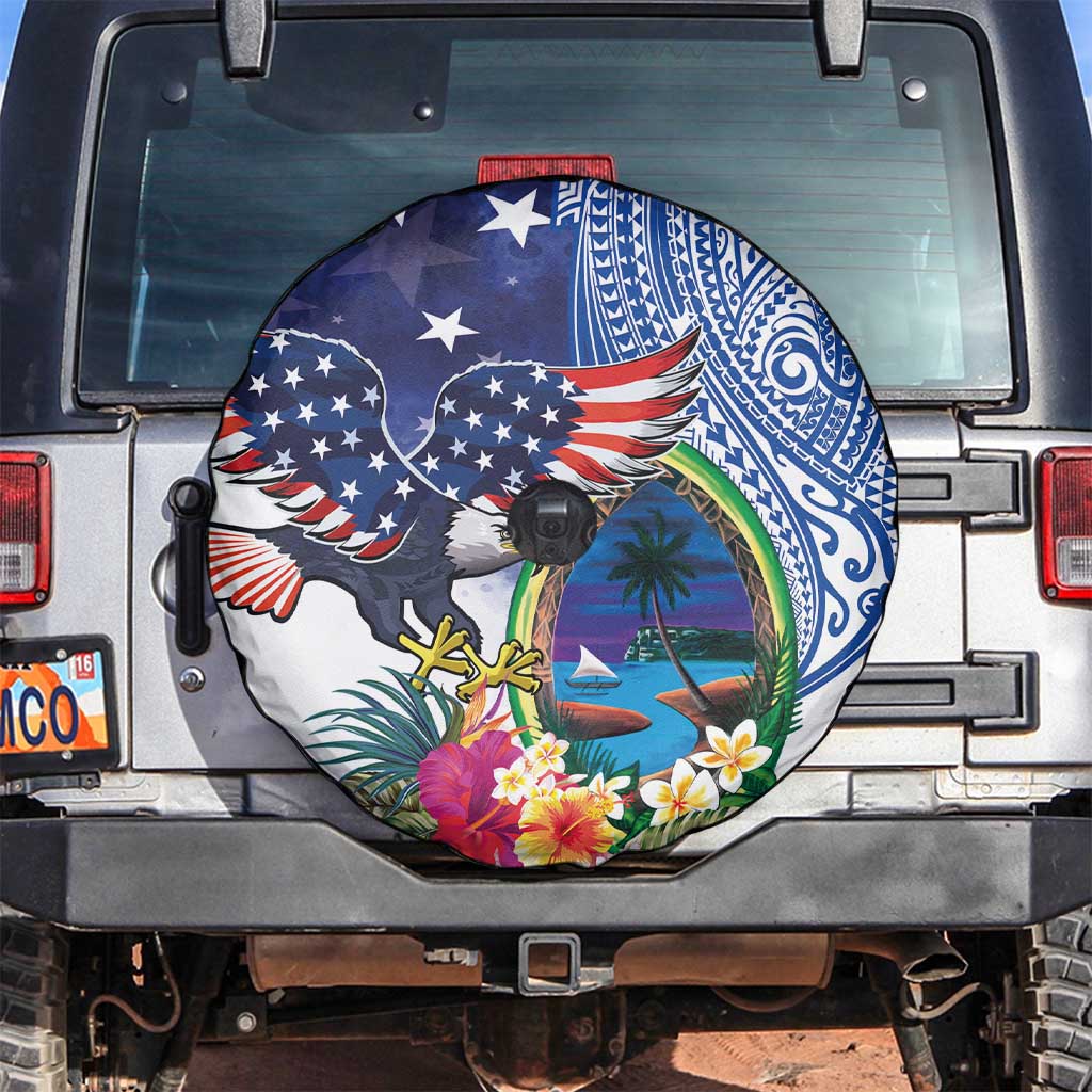 Guam and United States Together Spare Tire Cover Bald Eagle and Guam Seal with Flower and Tribal Tattoos - Polynesian Pride
