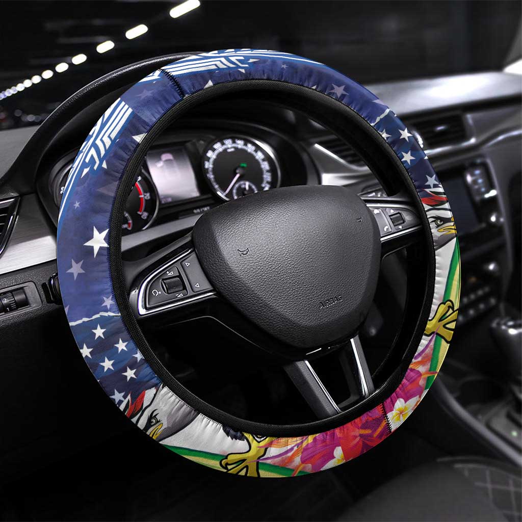 Guam and United States Together Steering Wheel Cover Bald Eagle and Guam Seal with Flower and Tribal Tattoos - Polynesian Pride