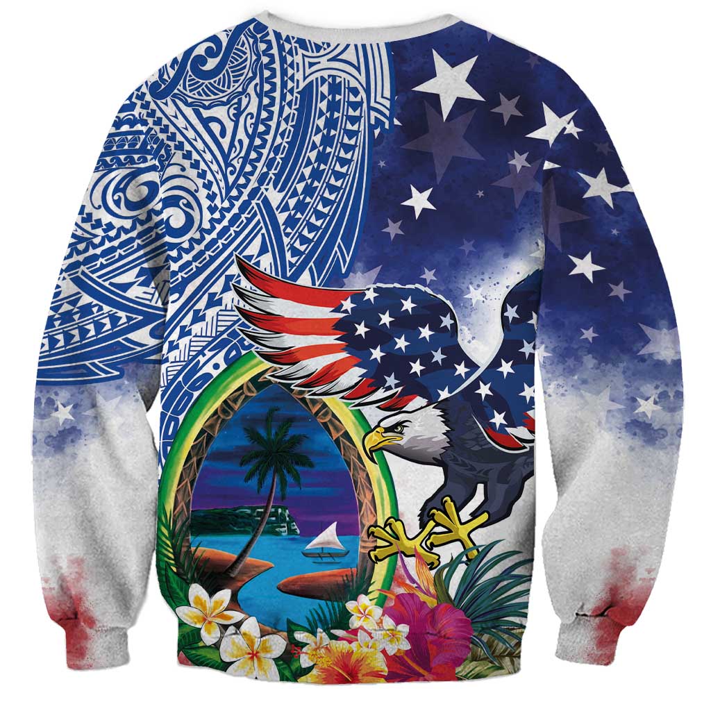 Guam and United States Together Sweatshirt Bald Eagle and Guam Seal with Flower and Tribal Tattoos - Polynesian Pride
