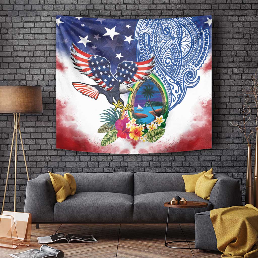 Guam and United States Together Tapestry Bald Eagle and Guam Seal with Flower and Tribal Tattoos - Polynesian Pride