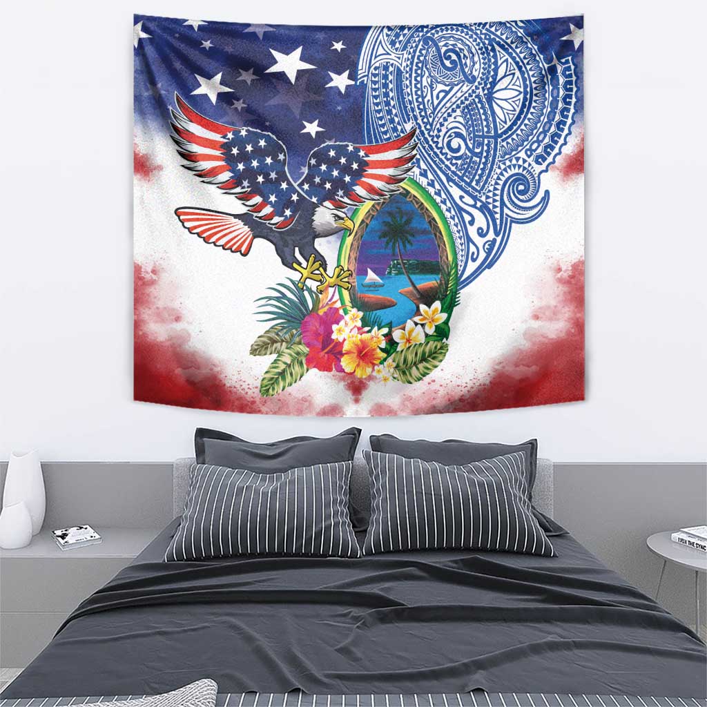 Guam and United States Together Tapestry Bald Eagle and Guam Seal with Flower and Tribal Tattoos - Polynesian Pride
