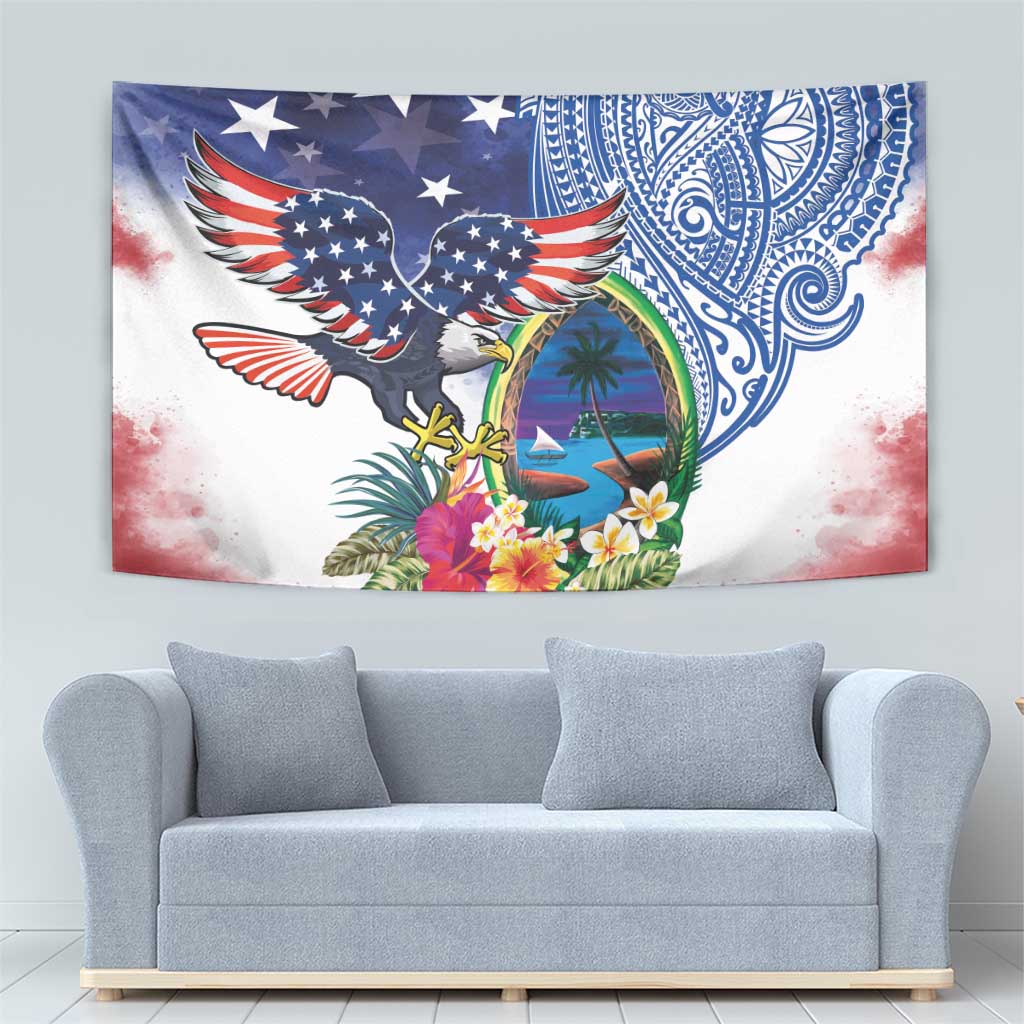 Guam and United States Together Tapestry Bald Eagle and Guam Seal with Flower and Tribal Tattoos - Polynesian Pride