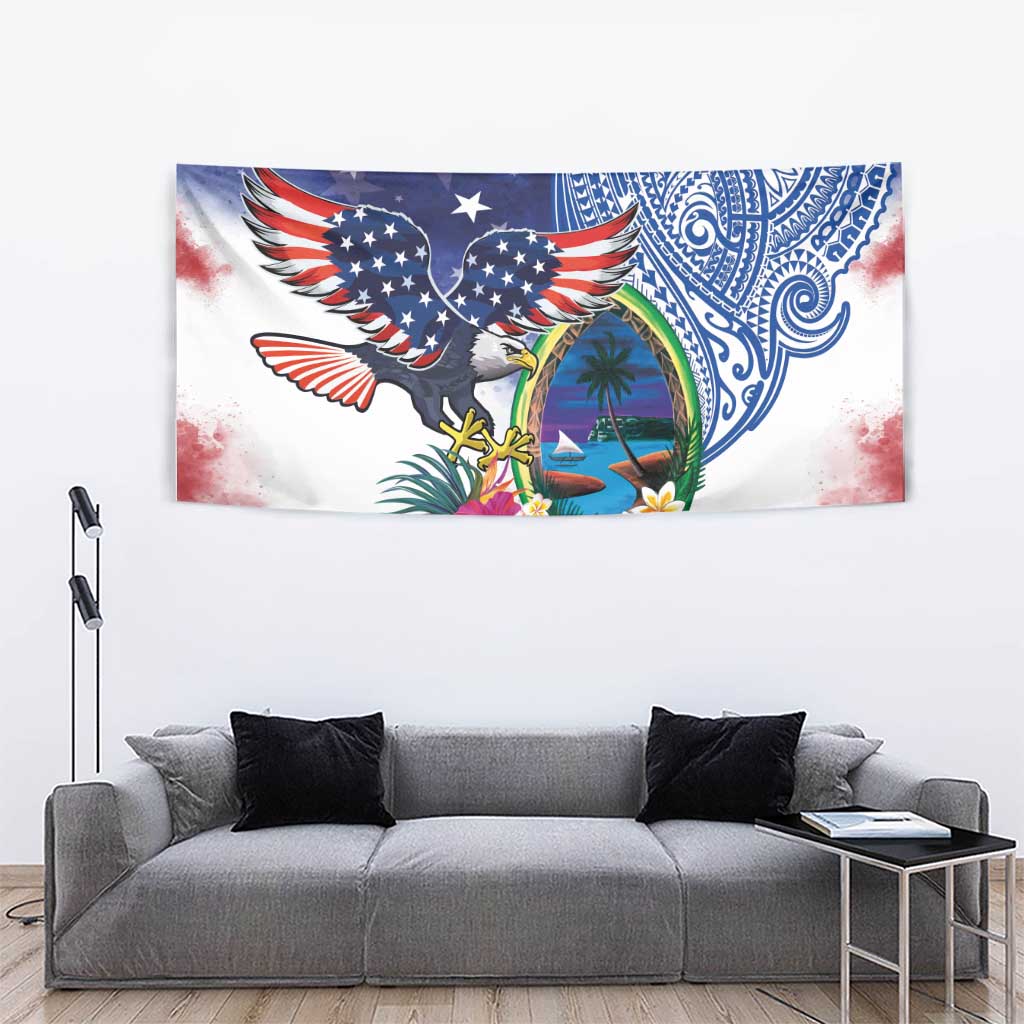 Guam and United States Together Tapestry Bald Eagle and Guam Seal with Flower and Tribal Tattoos - Polynesian Pride