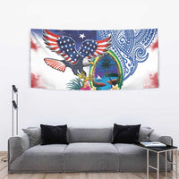 Guam and United States Together Tapestry Bald Eagle and Guam Seal with Flower and Tribal Tattoos - Polynesian Pride