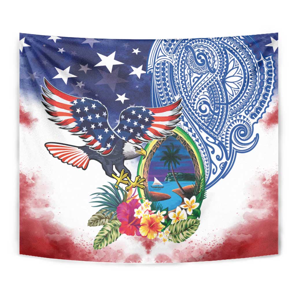 Guam and United States Together Tapestry Bald Eagle and Guam Seal with Flower and Tribal Tattoos - Polynesian Pride