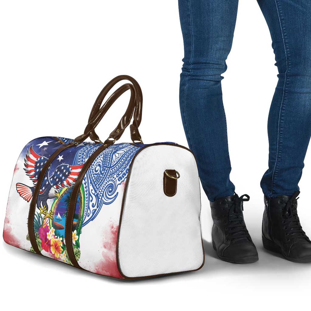 Guam and United States Together Travel Bag Bald Eagle and Guam Seal with Flower and Tribal Tattoos - Polynesian Pride