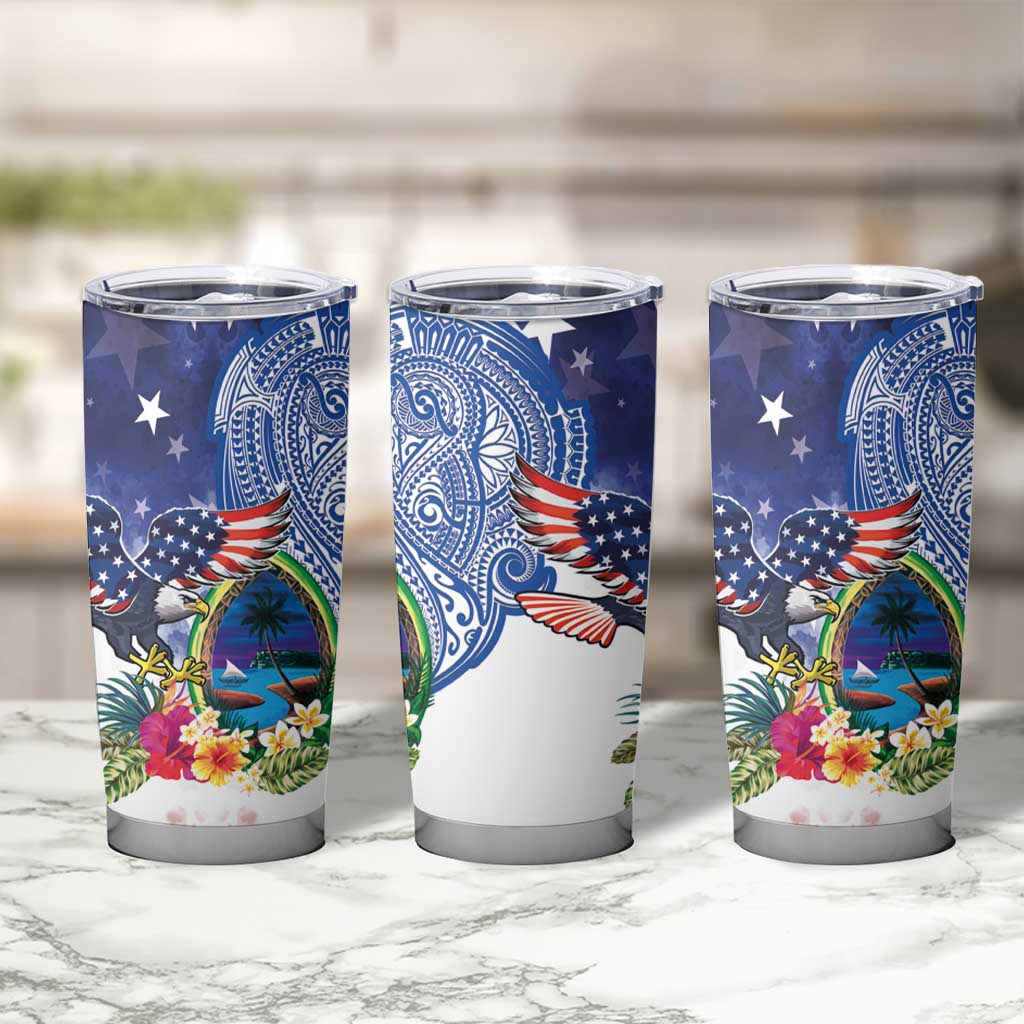 Guam and United States Together Tumbler Cup Bald Eagle and Guam Seal with Flower and Tribal Tattoos - Polynesian Pride