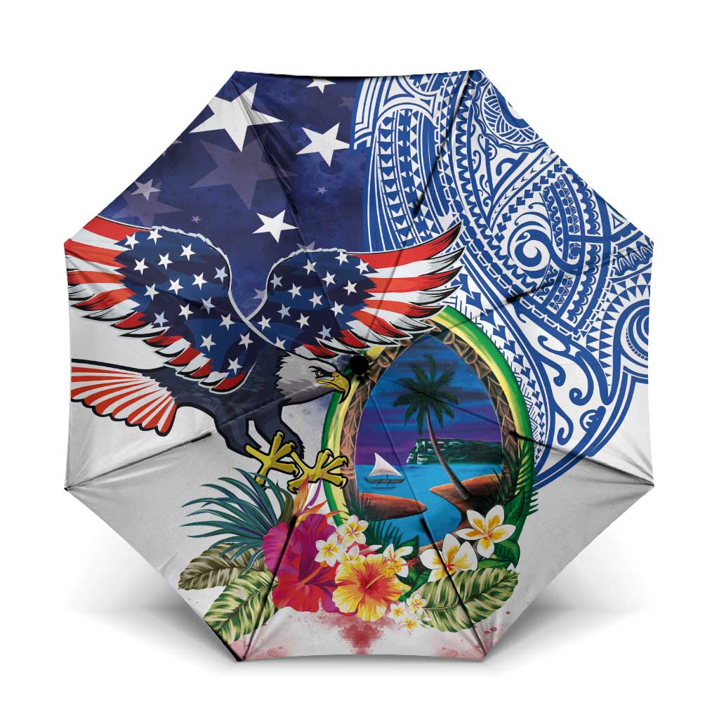 Guam and United States Together Umbrella Bald Eagle and Guam Seal with Flower and Tribal Tattoos - Polynesian Pride
