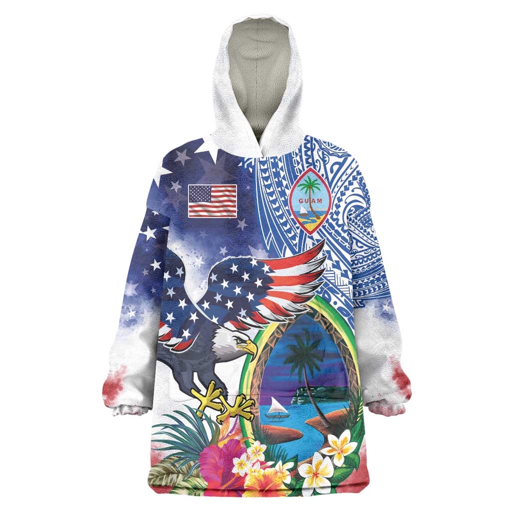 Guam and United States Together Wearable Blanket Hoodie Bald Eagle and Guam Seal with Flower and Tribal Tattoos - Polynesian Pride