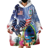 Guam and United States Together Wearable Blanket Hoodie Bald Eagle and Guam Seal with Flower and Tribal Tattoos - Polynesian Pride