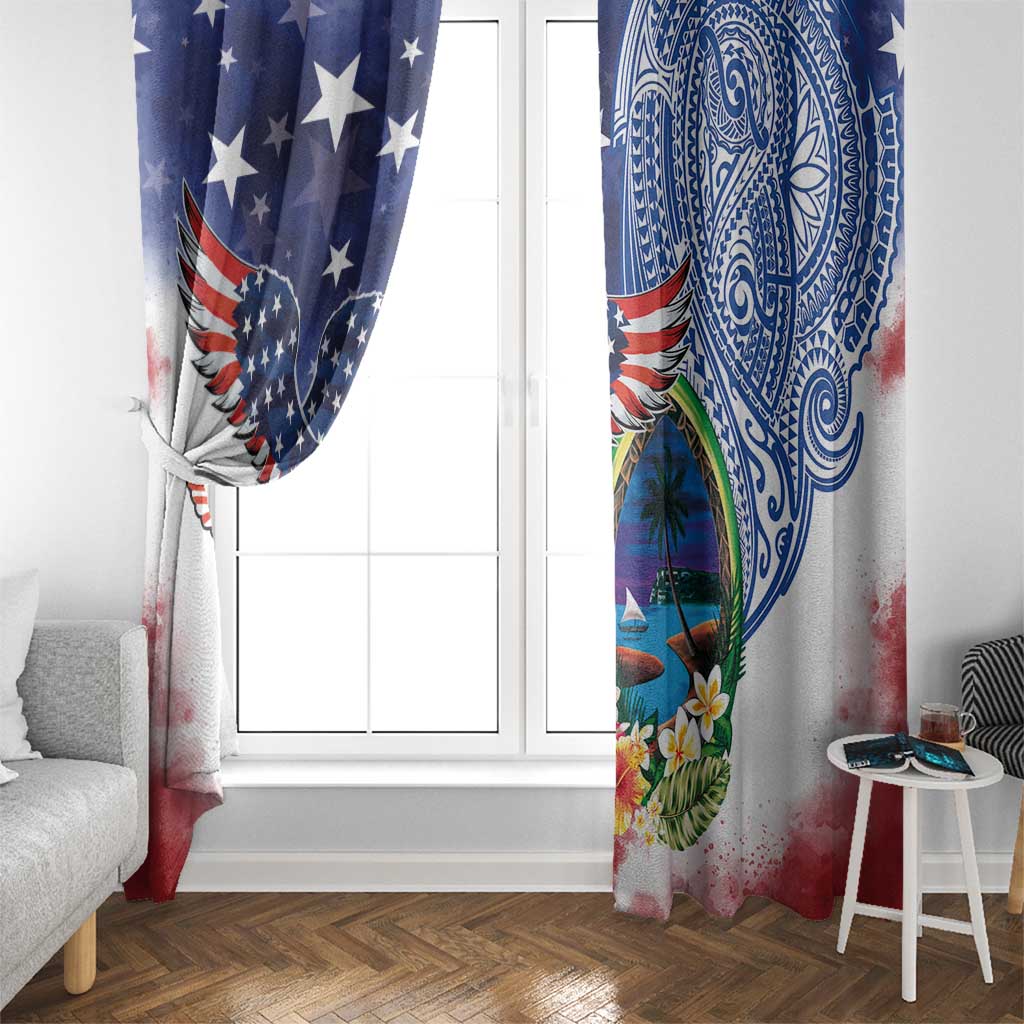 Guam and United States Together Window Curtain Bald Eagle and Guam Seal with Flower and Tribal Tattoos - Polynesian Pride