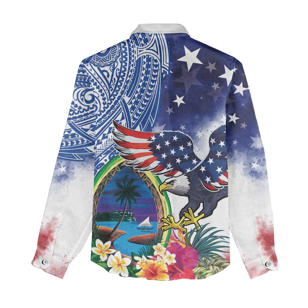 Guam and United States Together Women Casual Shirt Bald Eagle and Guam Seal with Flower and Tribal Tattoos - Polynesian Pride