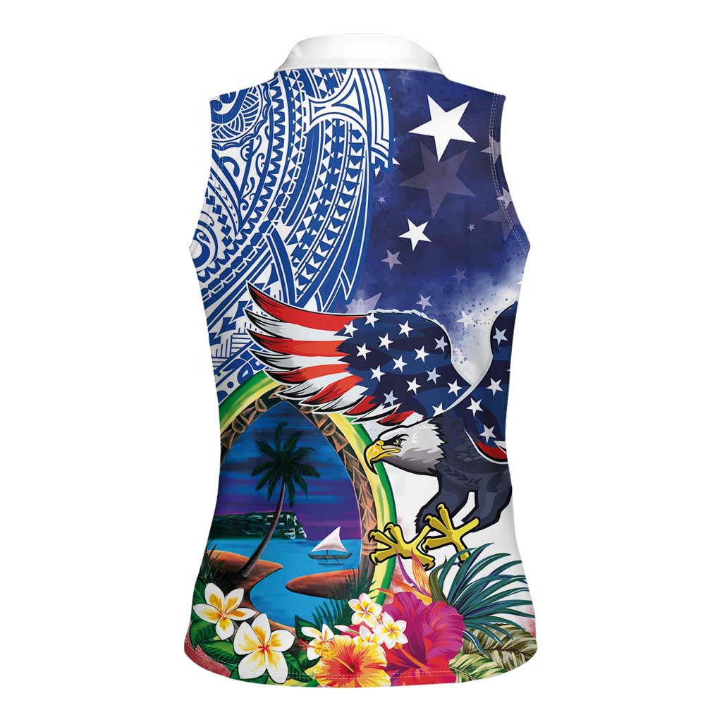 Guam and United States Together Women Sleeveless Polo Shirt Bald Eagle and Guam Seal with Flower and Tribal Tattoos - Polynesian Pride