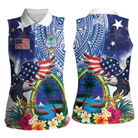 Guam and United States Together Women Sleeveless Polo Shirt Bald Eagle and Guam Seal with Flower and Tribal Tattoos - Polynesian Pride