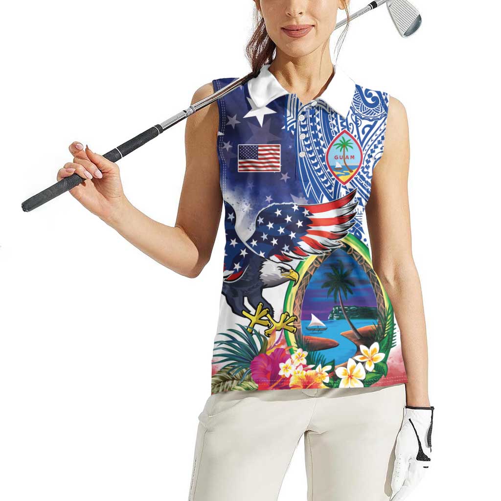 Guam and United States Together Women Sleeveless Polo Shirt Bald Eagle and Guam Seal with Flower and Tribal Tattoos - Polynesian Pride
