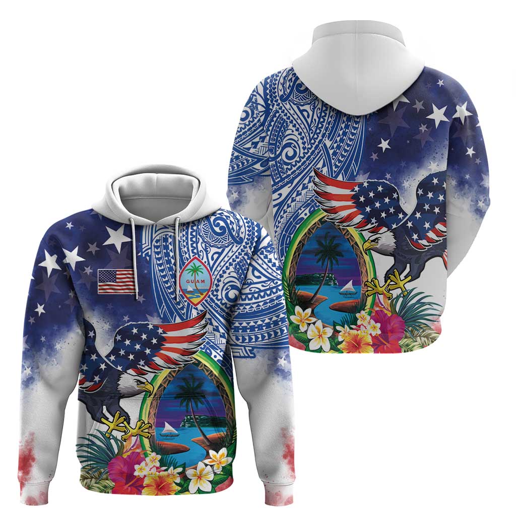 Guam and United States Together Zip Hoodie Bald Eagle and Guam Seal with Flower and Tribal Tattoos - Polynesian Pride