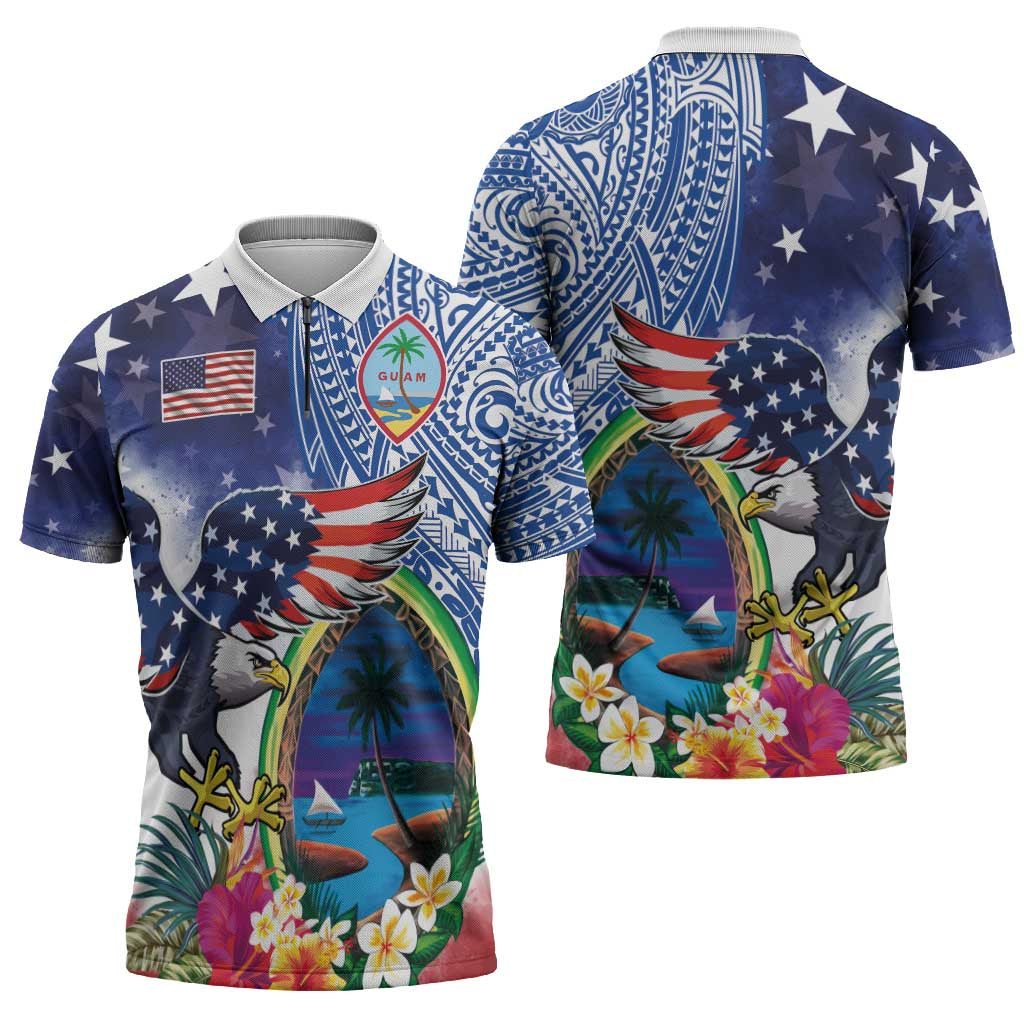 Guam and United States Together Zipper Polo Shirt Bald Eagle and Guam Seal with Flower and Tribal Tattoos - undefined