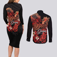 Guam Tribal Chamorro Couples Matching Long Sleeve Bodycon Dress and Long Sleeve Button Shirt Polynesian Shark with Plumeria and Sea Vibe - Polynesian Pride