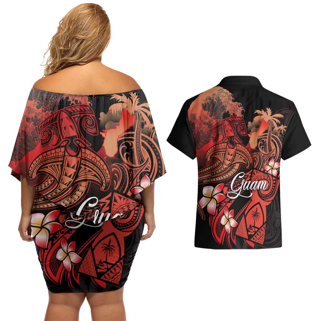 Guam Tribal Chamorro Couples Matching Off Shoulder Short Dress and Hawaiian Shirt Polynesian Shark with Plumeria and Sea Vibe - Polynesian Pride