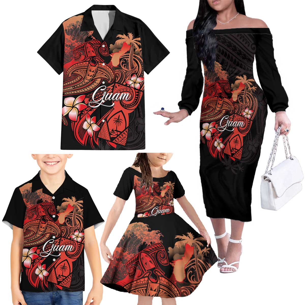 Guam Tribal Chamorro Family Matching Off The Shoulder Long Sleeve Dress and Hawaiian Shirt Polynesian Shark with Plumeria and Sea Vibe - Polynesian Pride