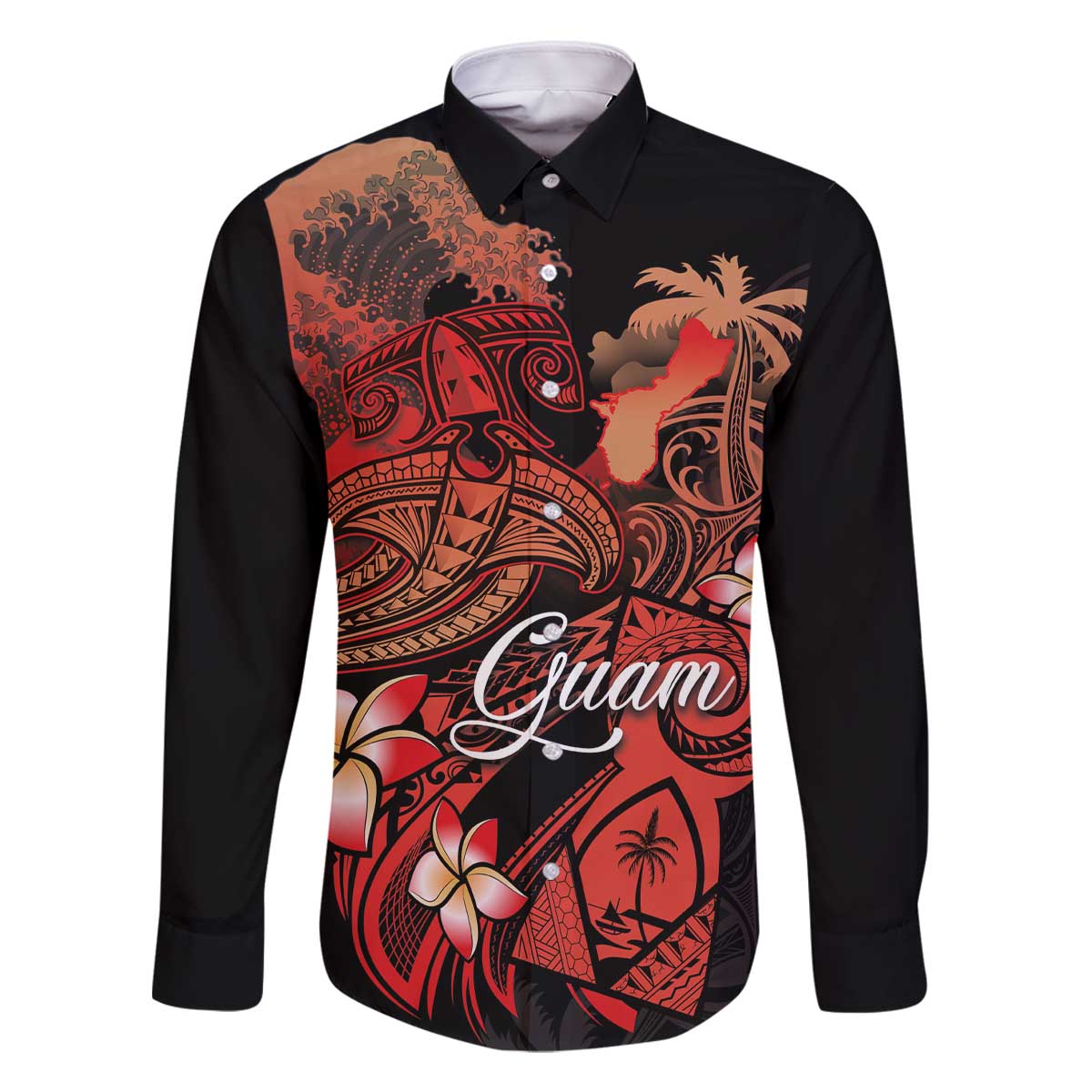 Guam Tribal Chamorro Family Matching Off The Shoulder Long Sleeve Dress and Hawaiian Shirt Polynesian Shark with Plumeria and Sea Vibe - Polynesian Pride