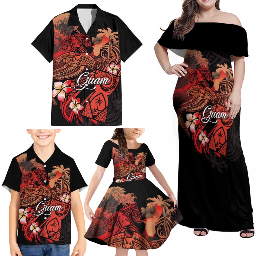 Guam Tribal Chamorro Family Matching Off Shoulder Maxi Dress and Hawaiian Shirt Polynesian Shark with Plumeria and Sea Vibe - Polynesian Pride
