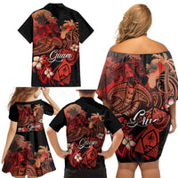 Guam Tribal Chamorro Family Matching Off Shoulder Short Dress and Hawaiian Shirt Polynesian Shark with Plumeria and Sea Vibe - Polynesian Pride