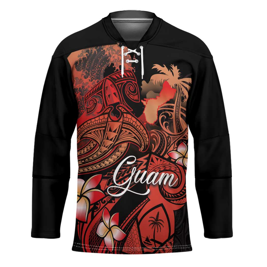 Guam Tribal Chamorro Hockey Jersey Polynesian Shark with Plumeria and Sea Vibe - Polynesian Pride