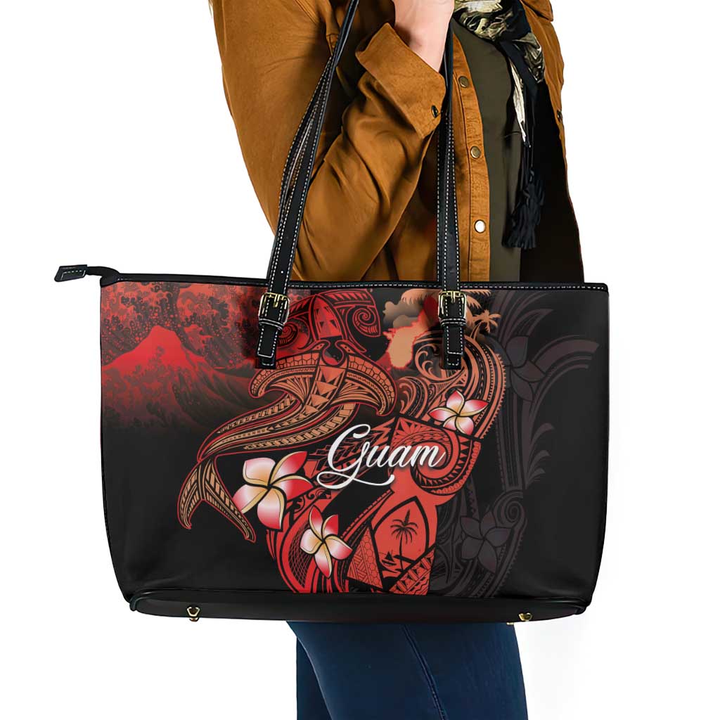Guam Tribal Chamorro Leather Tote Bag Polynesian Shark with Plumeria and Sea Vibe - Polynesian Pride