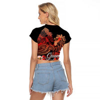 Guam Tribal Chamorro Raglan Cropped T Shirt Polynesian Shark with Plumeria and Sea Vibe - Polynesian Pride