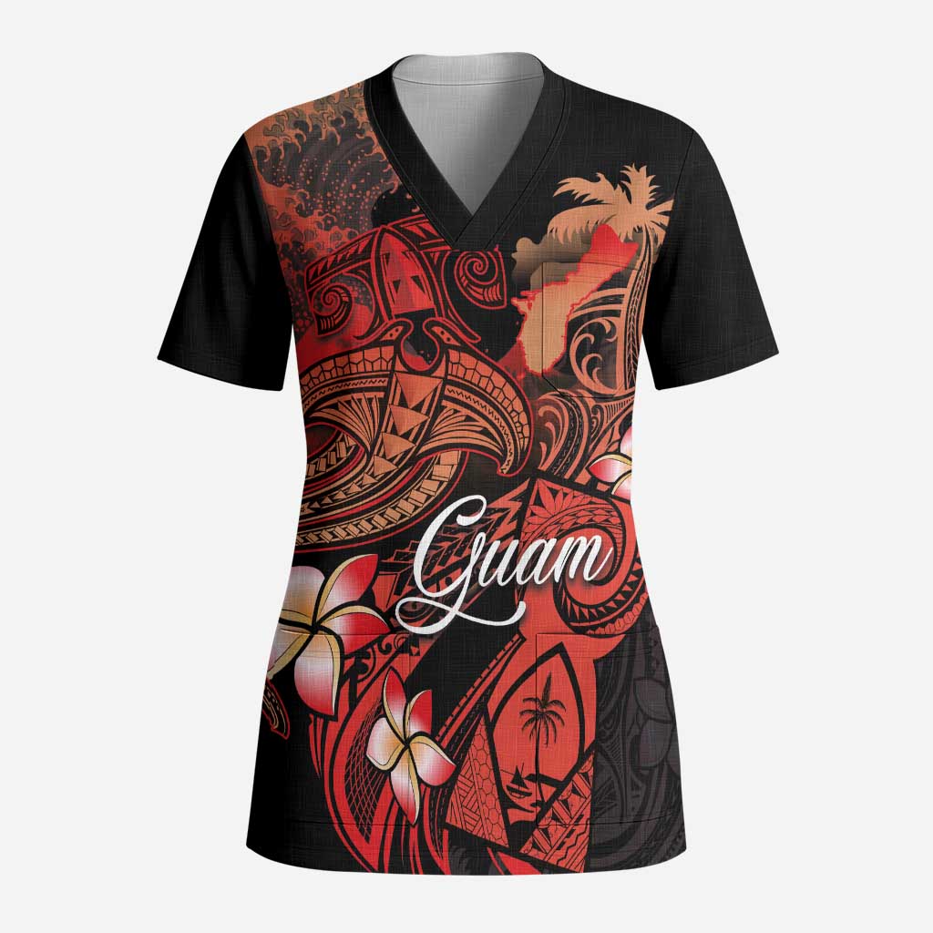 Guam Tribal Chamorro Scrub Top Polynesian Shark with Plumeria and Sea Vibe - Polynesian Pride