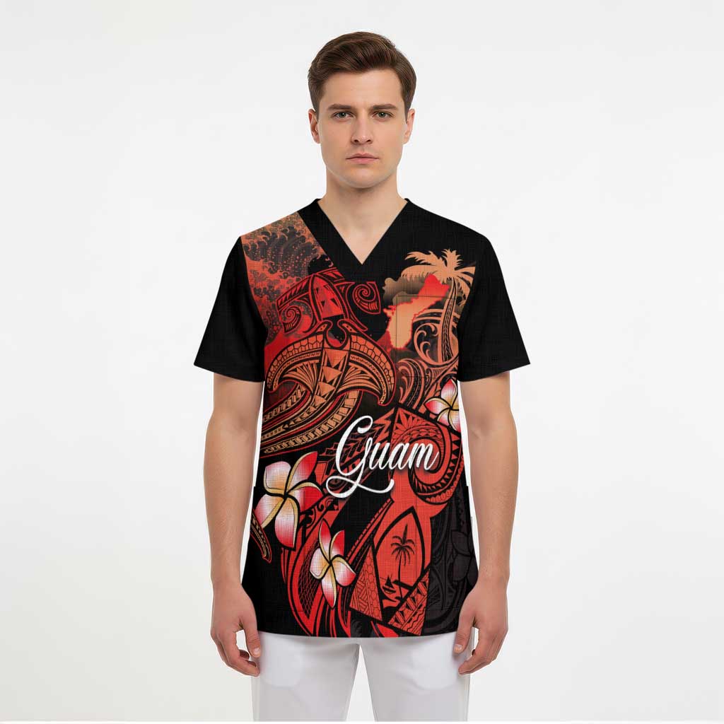 Guam Tribal Chamorro Scrub Top Polynesian Shark with Plumeria and Sea Vibe - Polynesian Pride