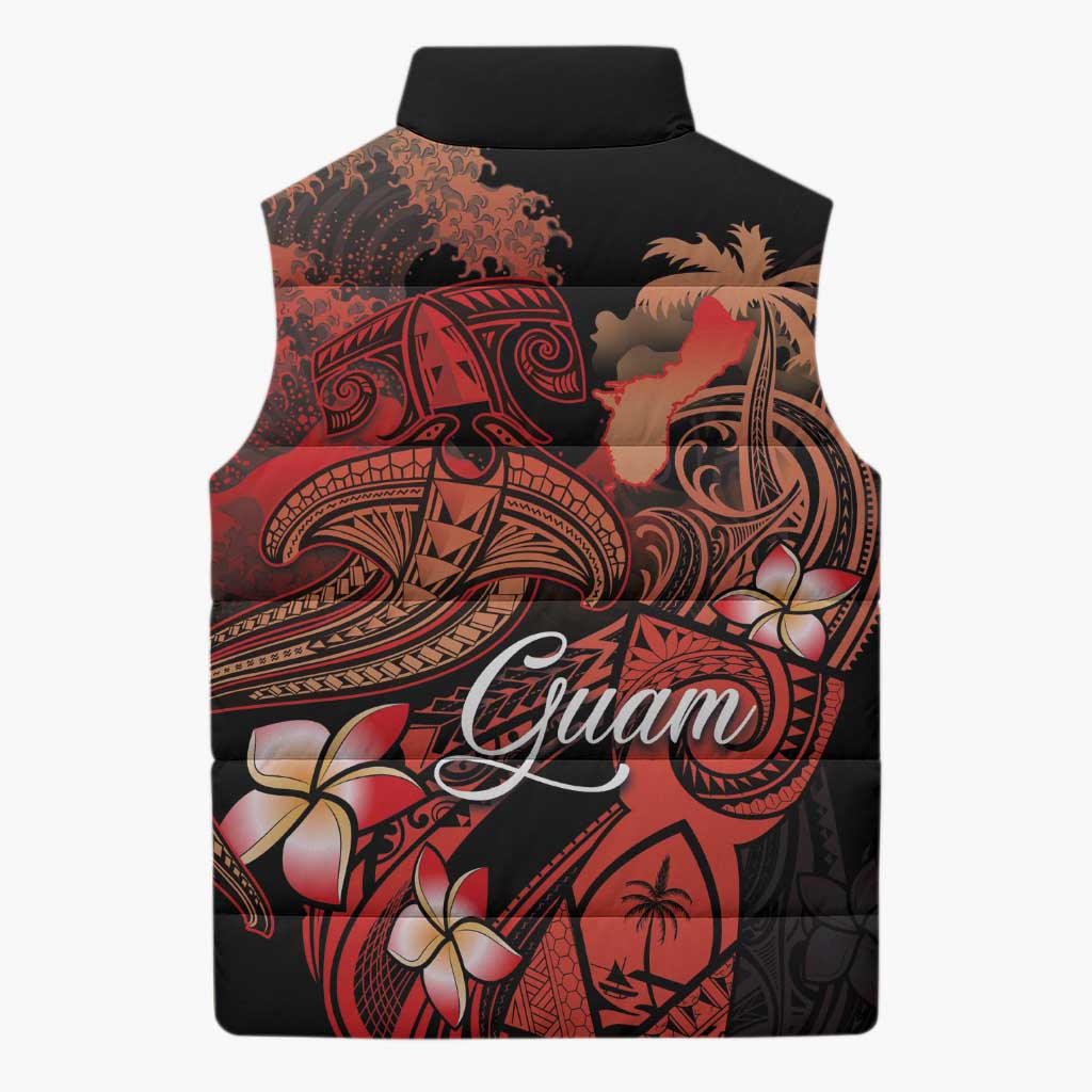 Guam Tribal Chamorro Sleeveless Puffer Jacket Polynesian Shark with Plumeria and Sea Vibe - Polynesian Pride