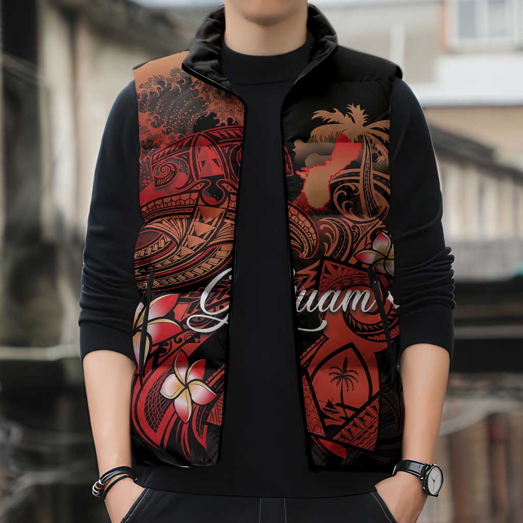 Guam Tribal Chamorro Sleeveless Puffer Jacket Polynesian Shark with Plumeria and Sea Vibe - Polynesian Pride