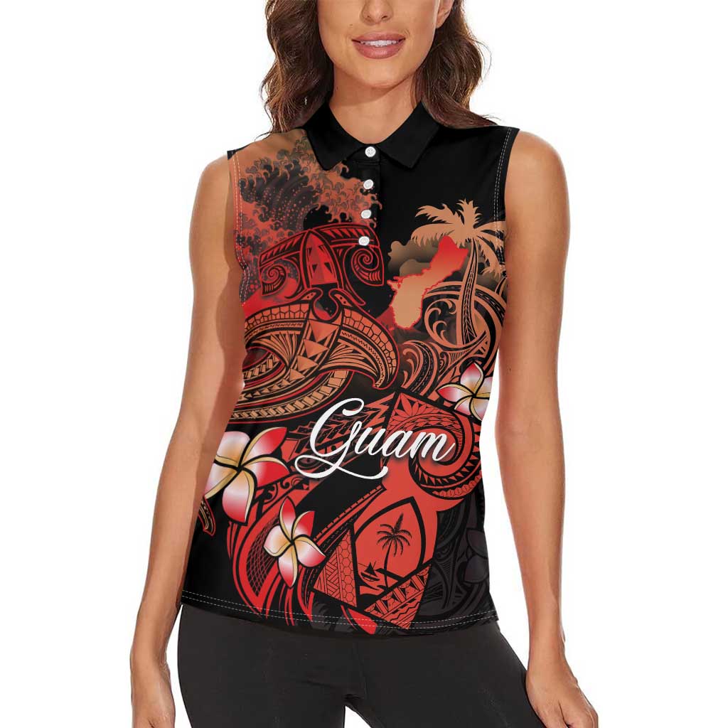 Guam Tribal Chamorro Women Sleeveless Polo Shirt Polynesian Shark with Plumeria and Sea Vibe - Polynesian Pride