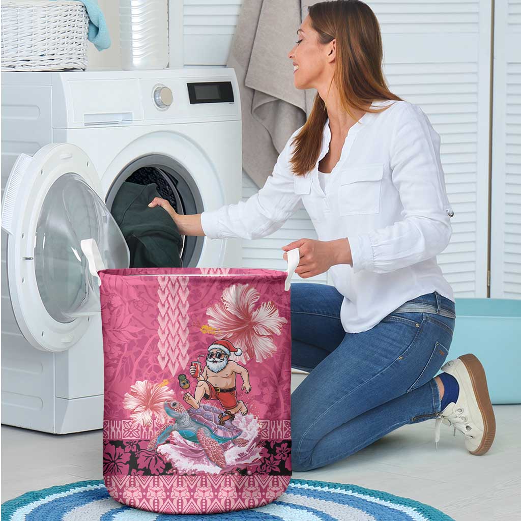 Hawaii Mele Kalikimaka Laundry Basket Funny Santa with Tribal Tattoos Kakau Pink Color - Polynesian Pride
